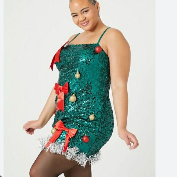 Forever 21 Festive Green Sequin Dress with Red Bows Holiday Christmas Small - Picture 1 of 12